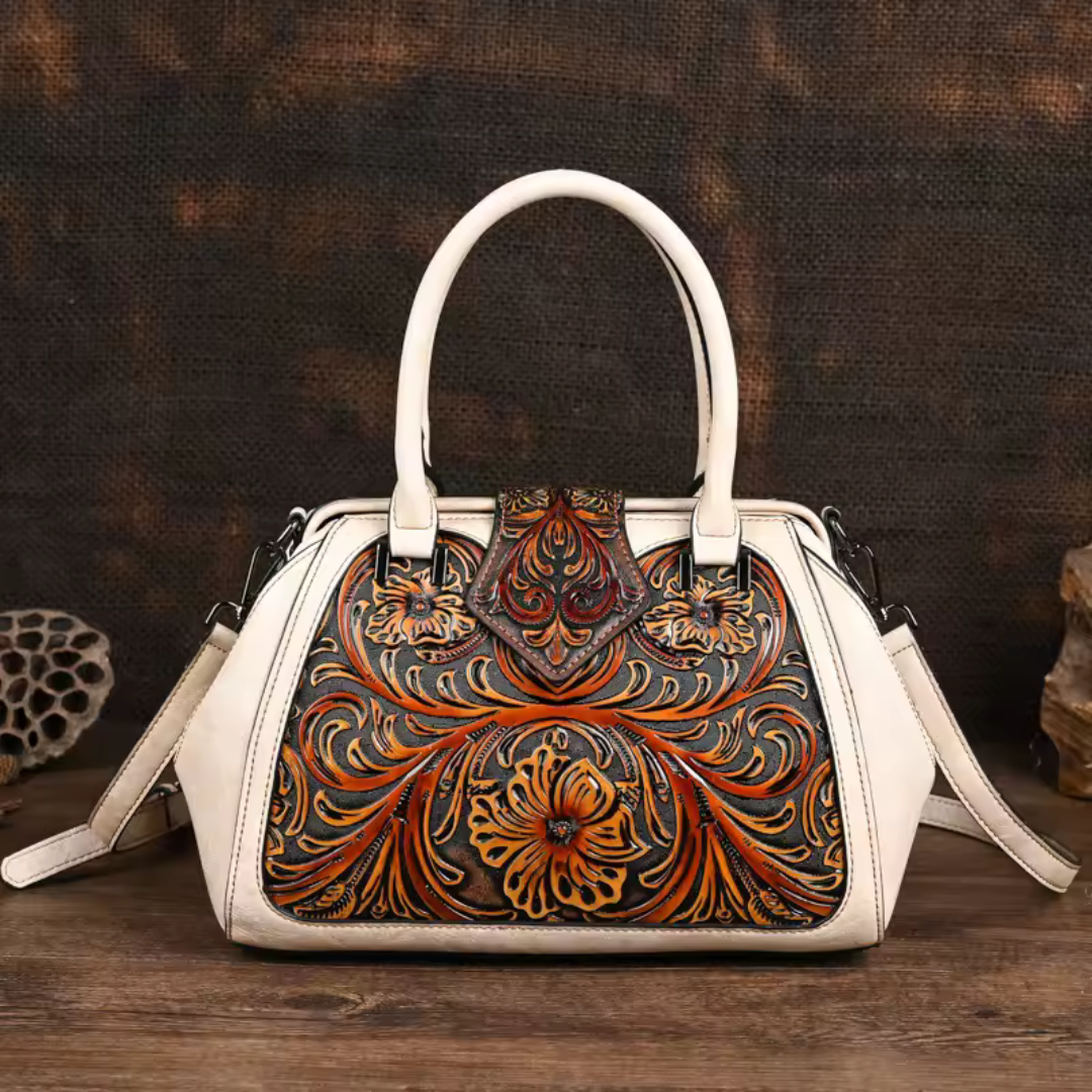 Florina - Sac en cuir orné de gravures et de motifs floraux