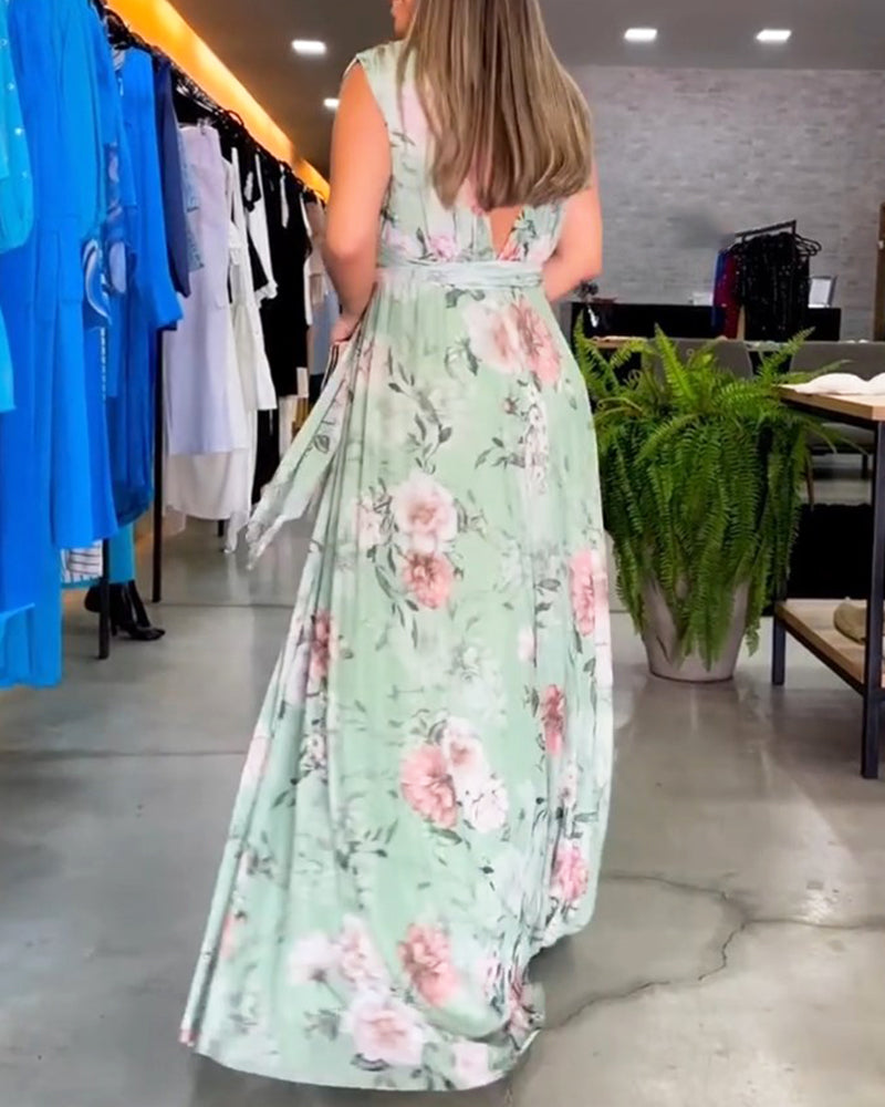 Gia | Robe longue sans manches à fleurs avec fente
