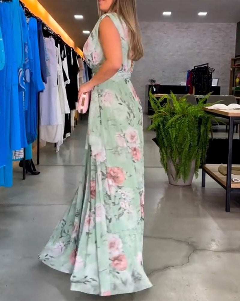 Gia | Robe longue sans manches à fleurs avec fente