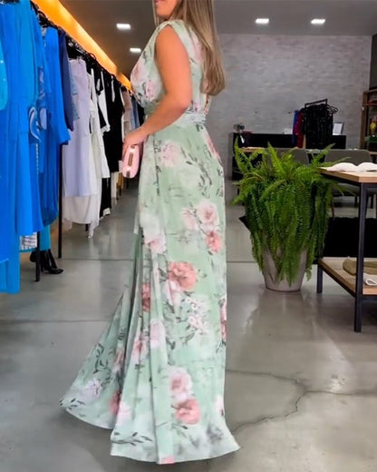Gia | Robe longue sans manches à fleurs avec fente