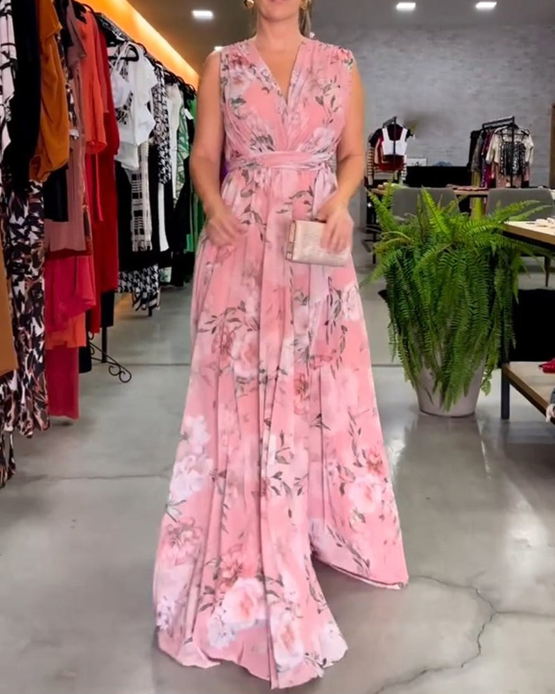 Gia | Robe longue sans manches à fleurs avec fente