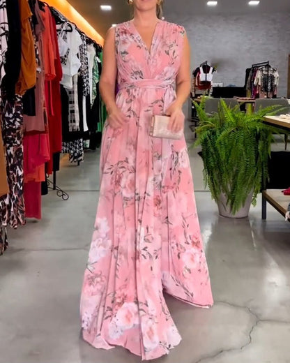 Gia | Robe longue sans manches à fleurs avec fente