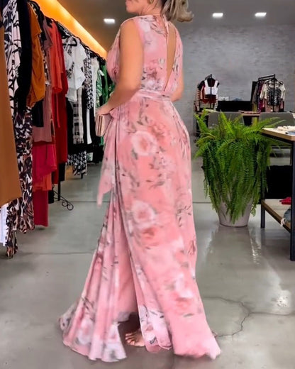 Gia | Robe longue sans manches à fleurs avec fente