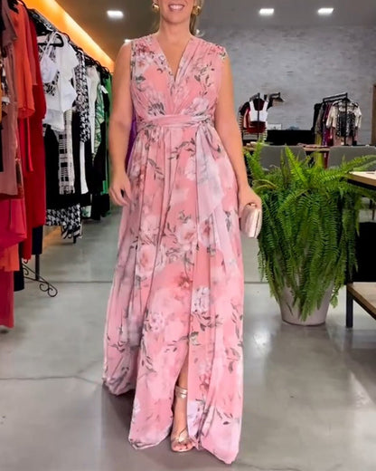 Gia | Robe longue sans manches à fleurs avec fente