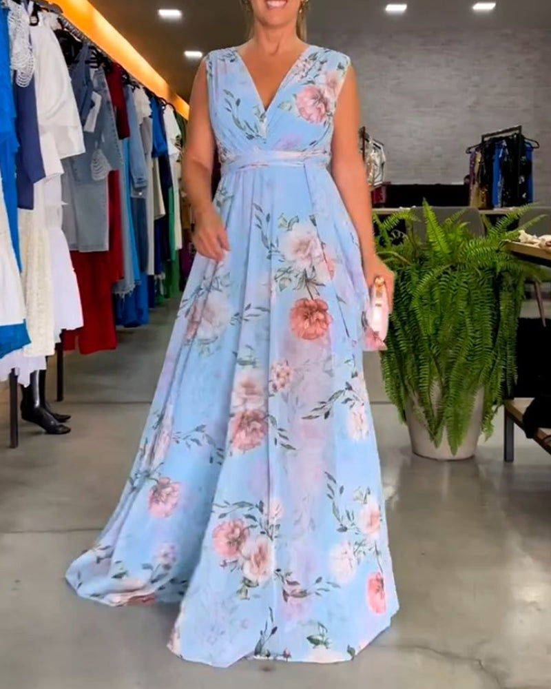 Gia | Robe longue sans manches à fleurs avec fente