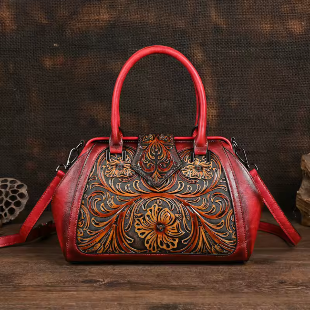 Florina - Sac en cuir orné de gravures et de motifs floraux