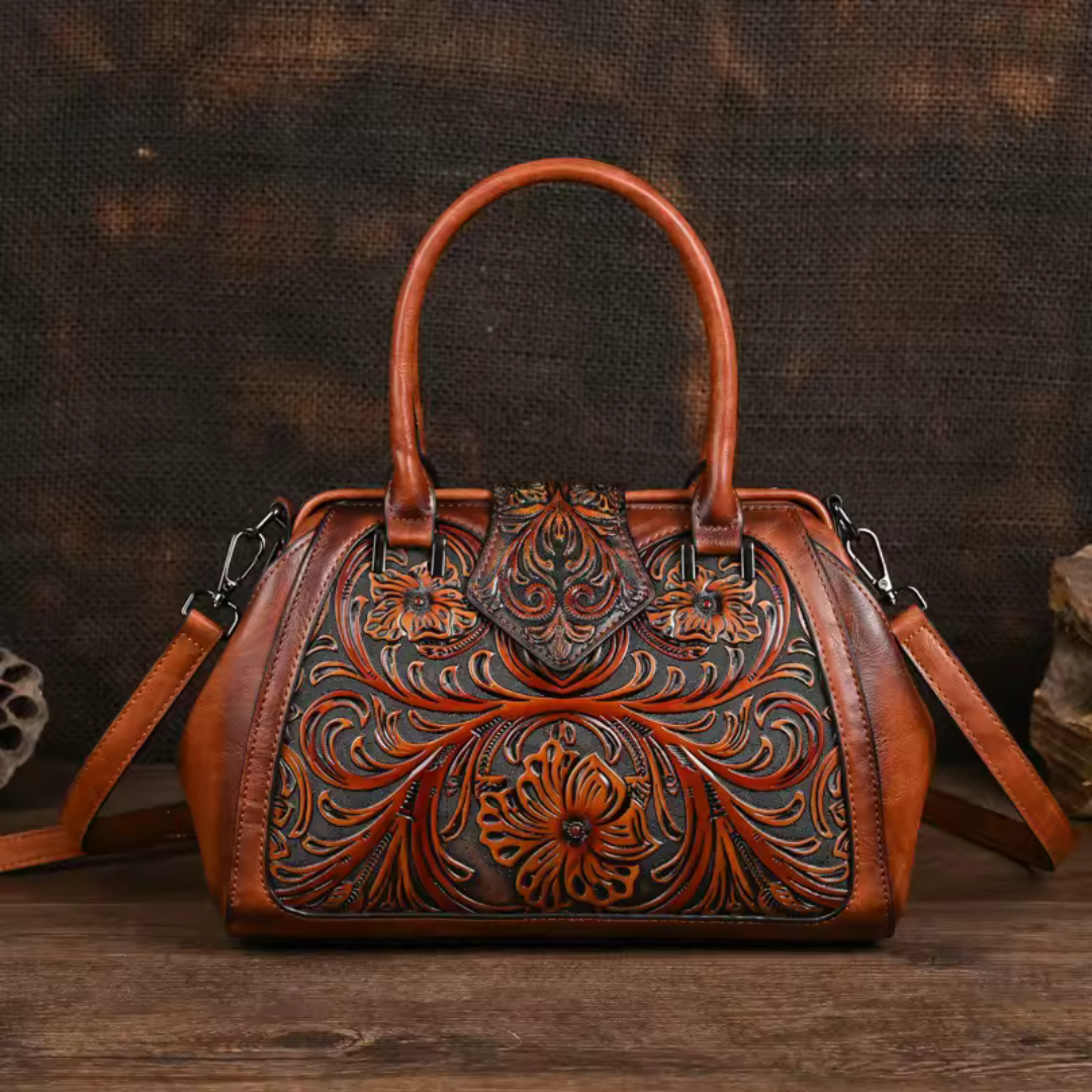 Florina - Sac en cuir orné de gravures et de motifs floraux