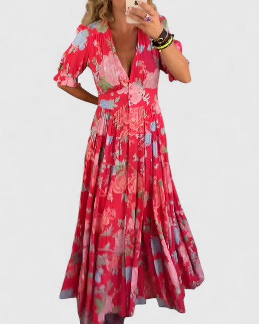 Minelda | Robe Fleurie Élégante à Col V