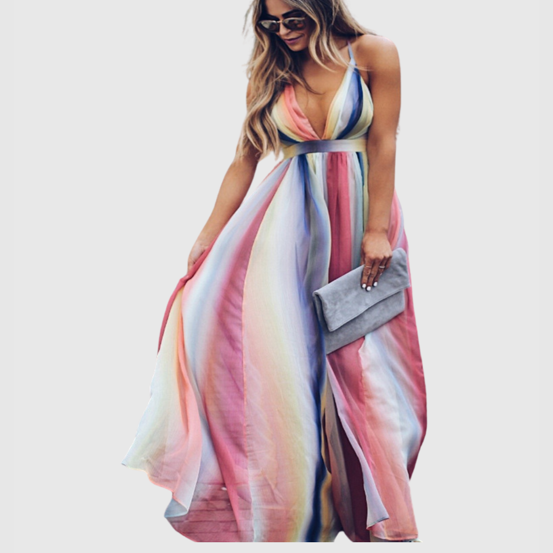Clover | Robe Longue Imprimée Arc-en-Ciel Bohémienne