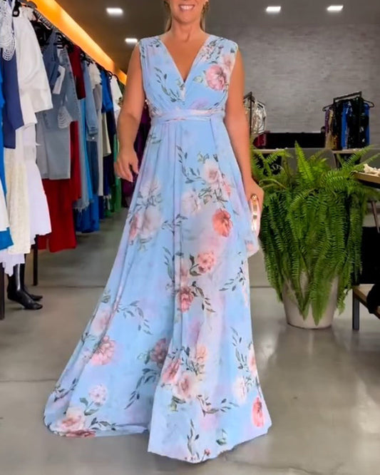 Gia | Robe longue sans manches à fleurs avec fente