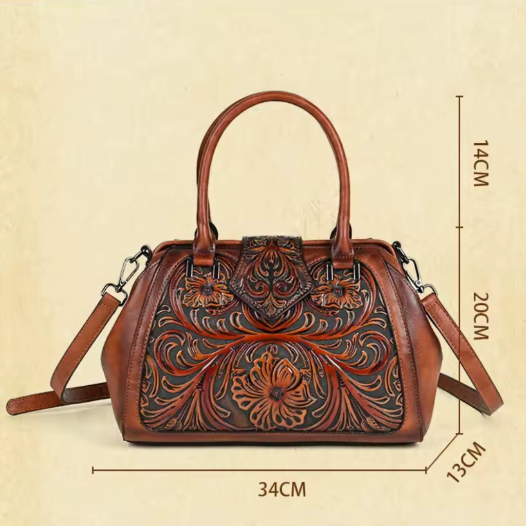 Florina - Sac en cuir orné de gravures et de motifs floraux