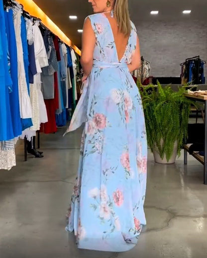Gia | Robe longue sans manches à fleurs avec fente