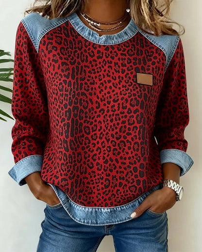 Zéphirine | Sweatshirt Imprimé Léopard en Patchwork Denim