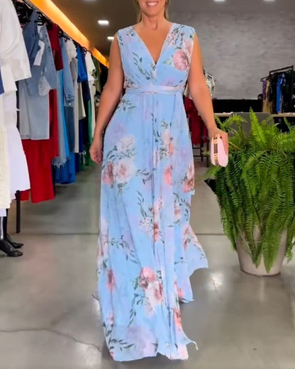 Gia | Robe longue sans manches à fleurs avec fente
