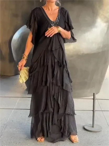 Blaise | Robe Maxi à Manches Courtes Volantes et Décolleté en V