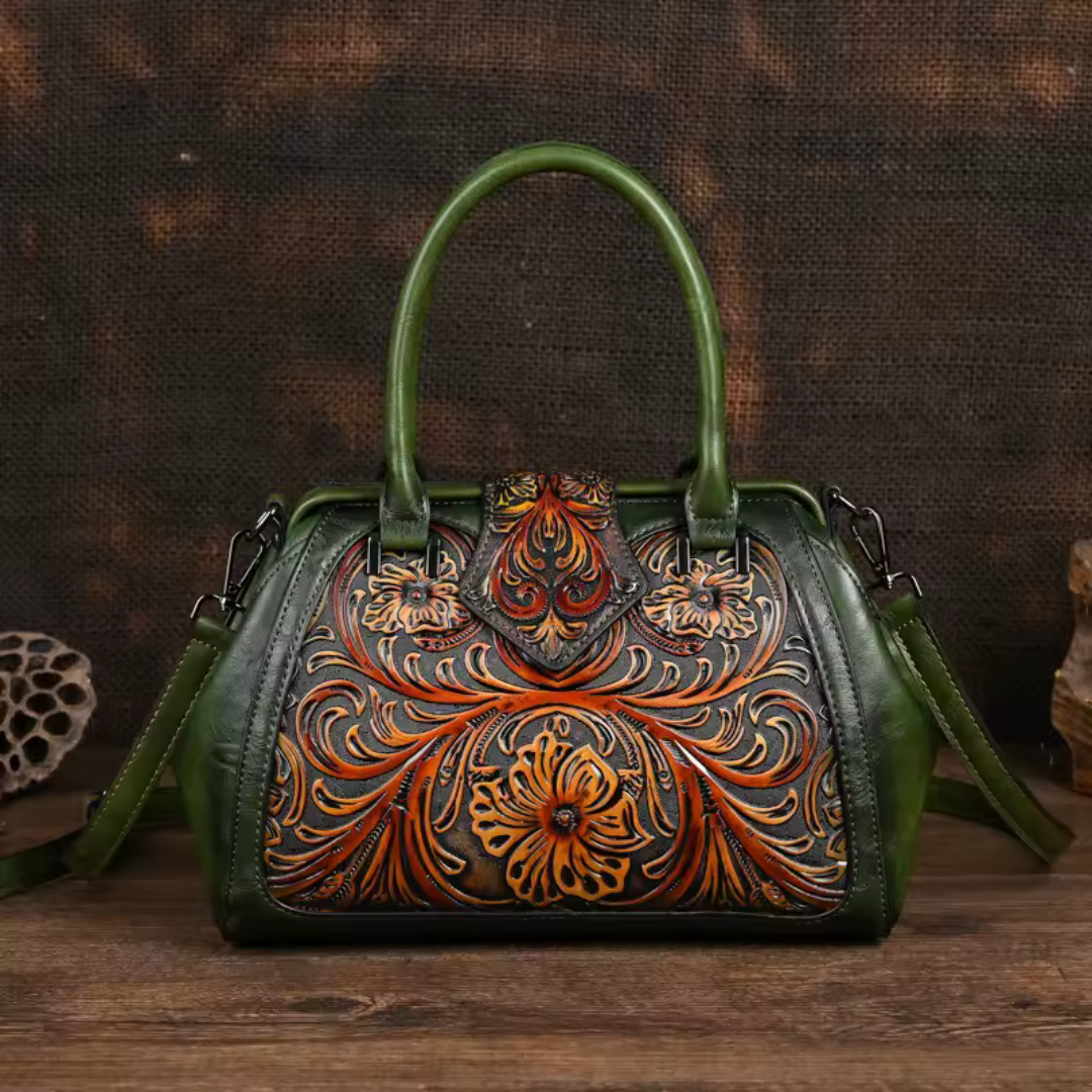 Florina - Sac en cuir orné de gravures et de motifs floraux