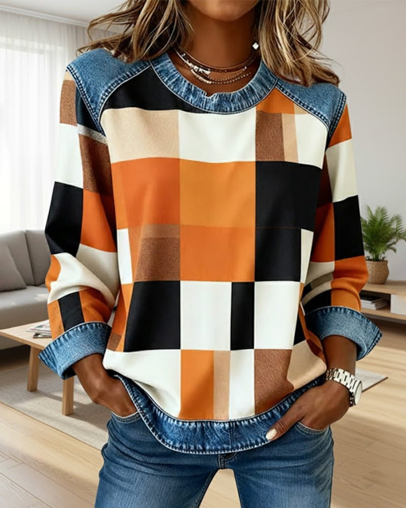 Oriane | Sweatshirt avec Patchwork à Carreaux et Couleur Contrastée